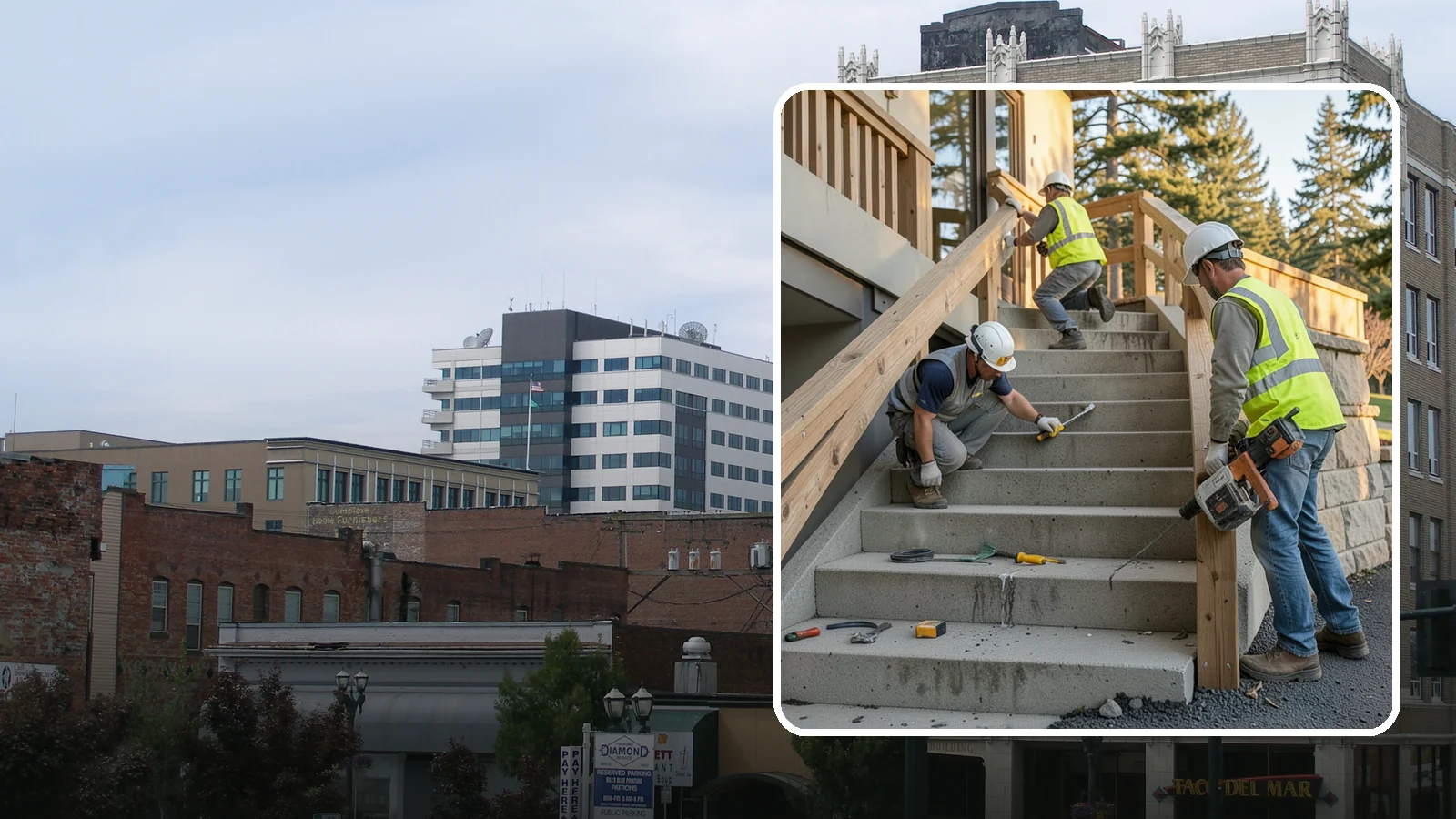 Stair Repairs in Everett, Snohomish County, WA - We repair public concrete, timber, and stone stairs to restore safe, uniform, code-compliant treads.