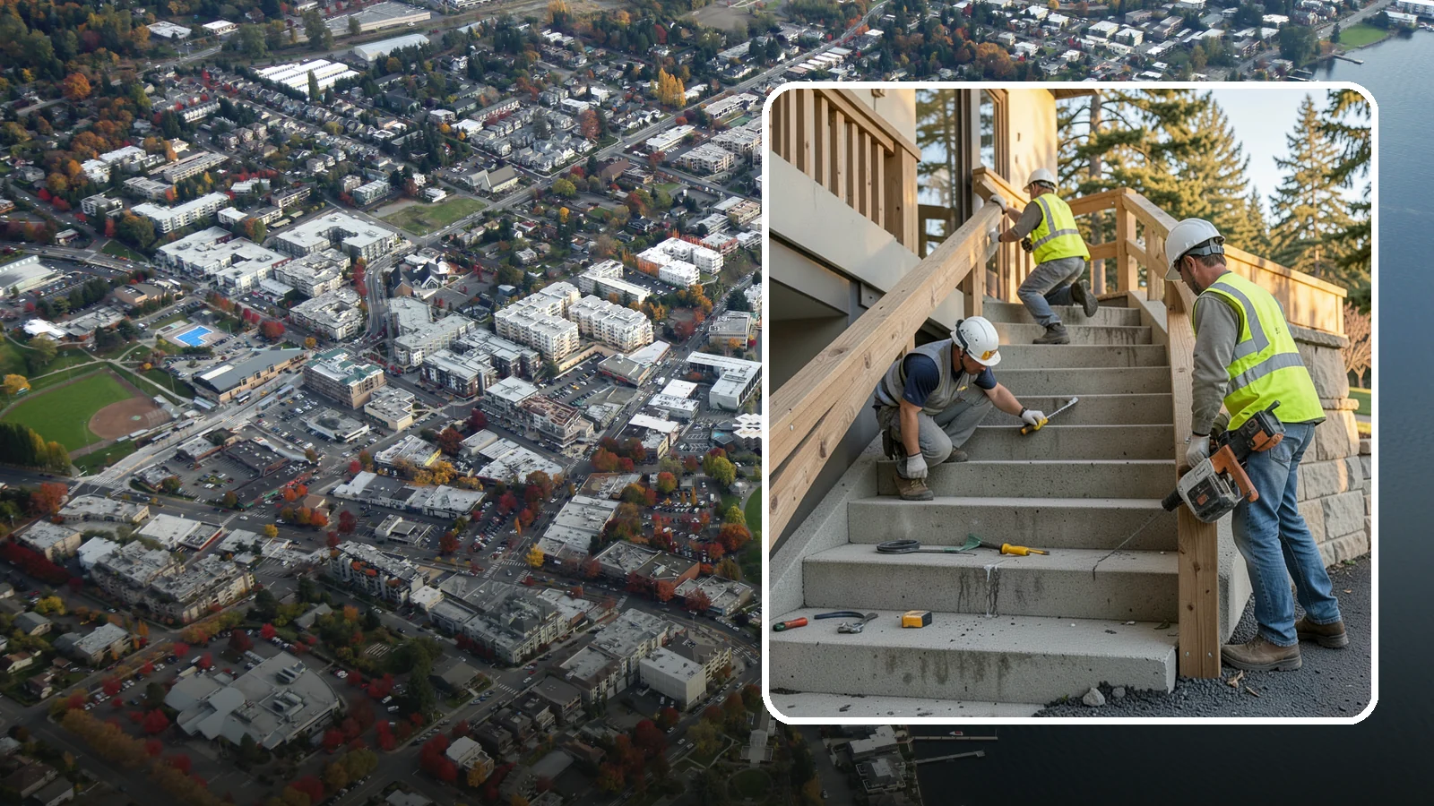 Stair Repairs in Kirkland, King County, WA - We repair public concrete, timber, and stone stairs to restore safe, uniform, code-compliant treads.