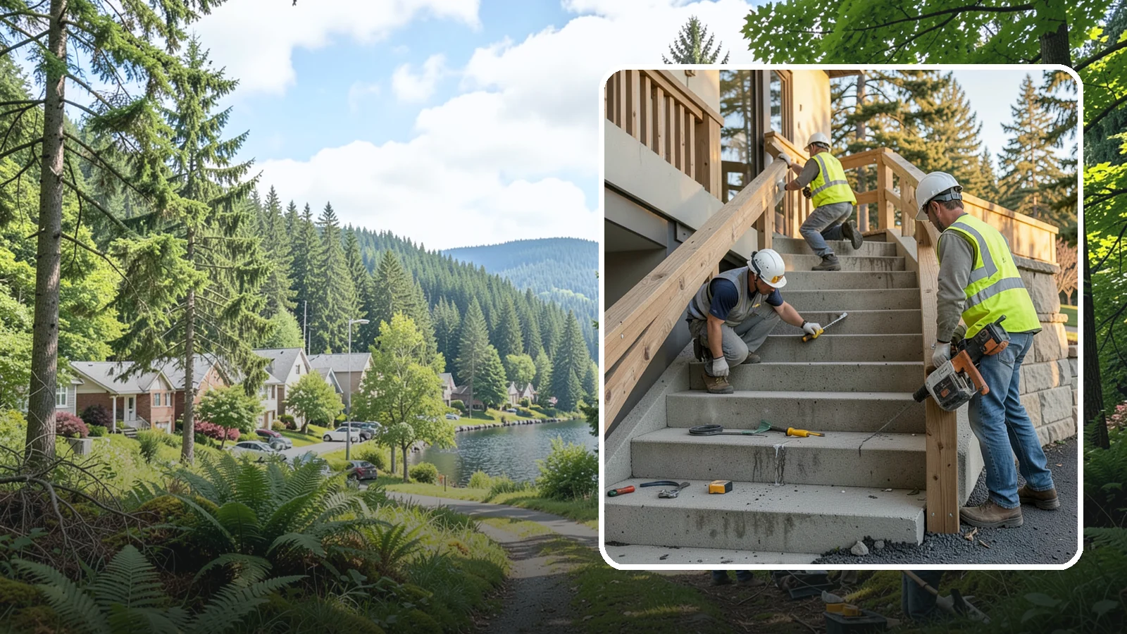 Stair Repairs in Lake Forest Park, King County, WA - We repair public concrete, timber, and stone stairs to restore safe, uniform, code-compliant treads.