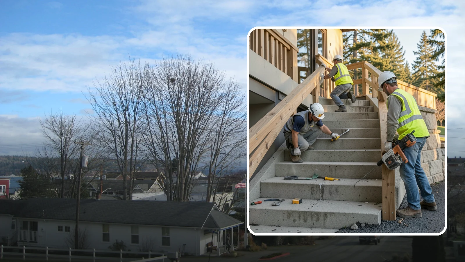 Stair Repairs in Langley, Island County, WA - We repair public concrete, timber, and stone stairs to restore safe, uniform, code-compliant treads.