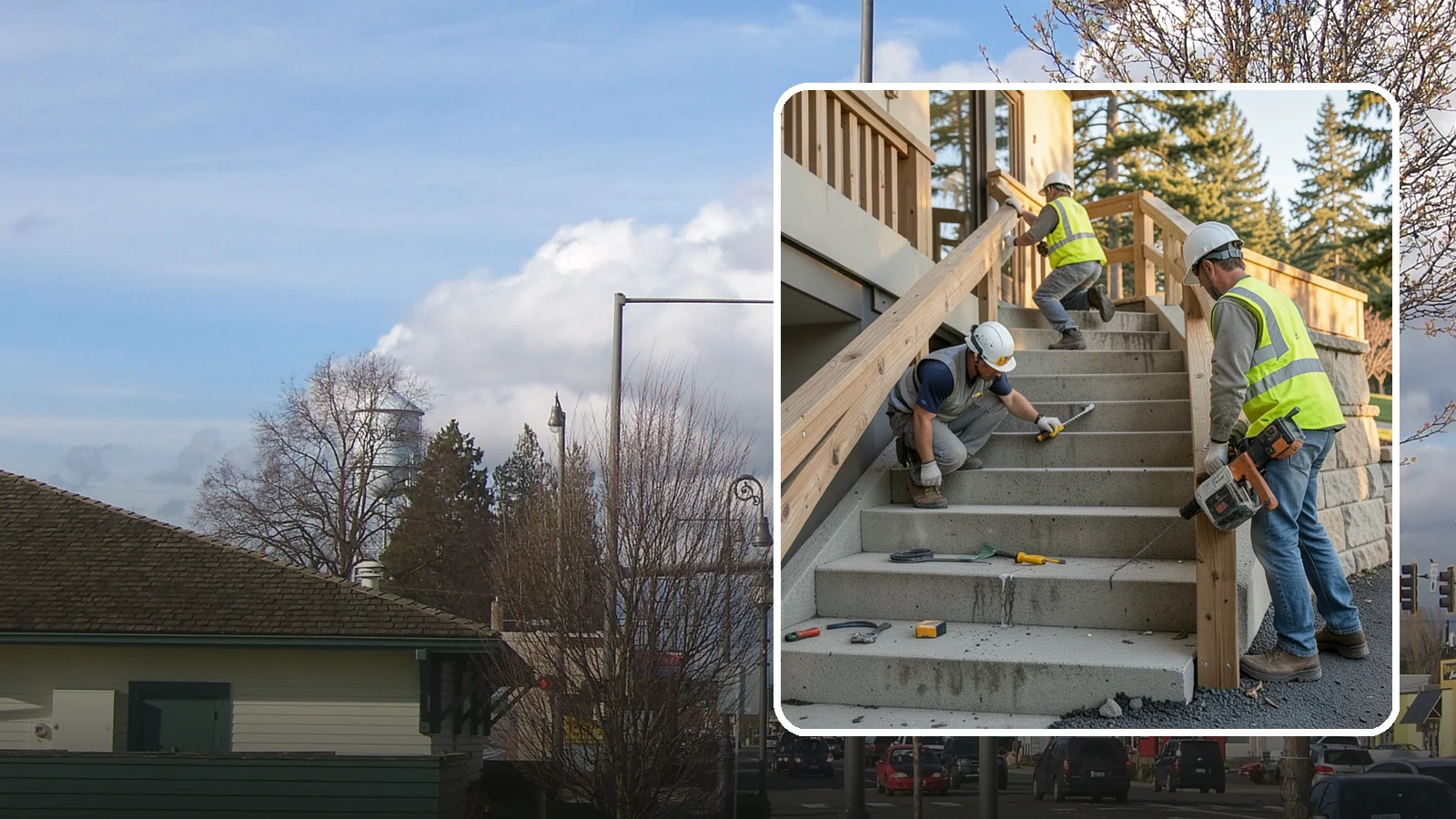 Stair Repairs in Marysville, Snohomish County, WA - We repair public concrete, timber, and stone stairs to restore safe, uniform, code-compliant treads.