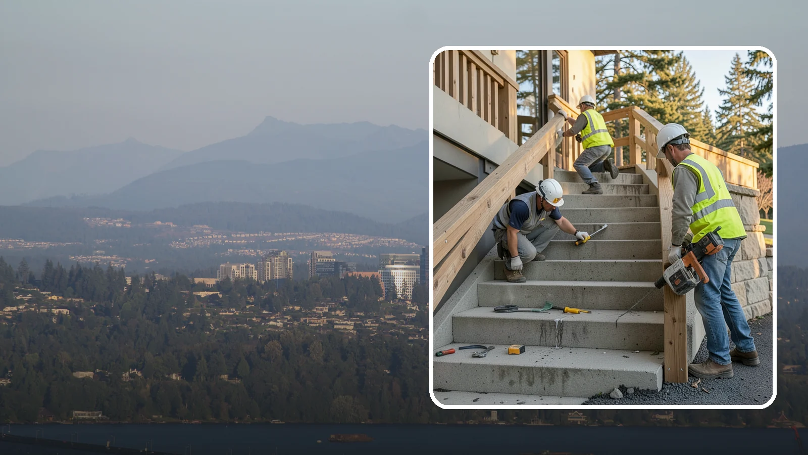Stair Repairs in Medina, King County, WA - We repair public concrete, timber, and stone stairs to restore safe, uniform, code-compliant treads.