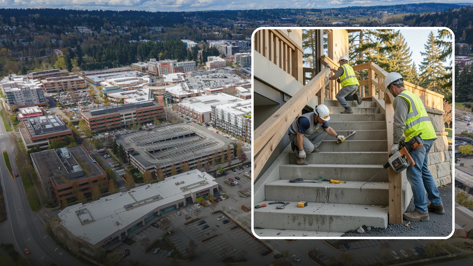 Stair Repairs in Redmond, King County, WA - We repair public concrete, timber, and stone stairs to restore safe, uniform, code-compliant treads.