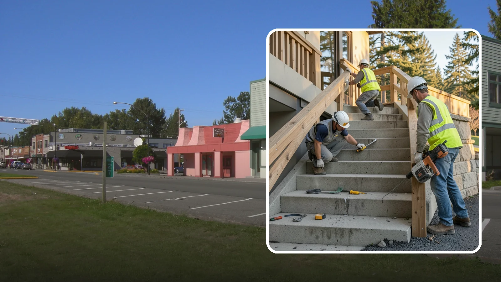 Stair Repairs in Snoqualmie, King County, WA - We repair public concrete, timber, and stone stairs to restore safe, uniform, code-compliant treads.