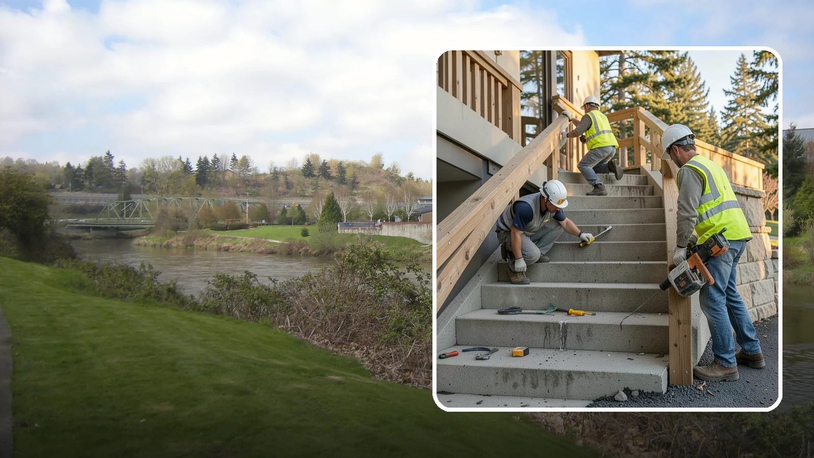 Stair Repairs in Tukwila, King County, WA - We repair public concrete, timber, and stone stairs to restore safe, uniform, code-compliant treads.