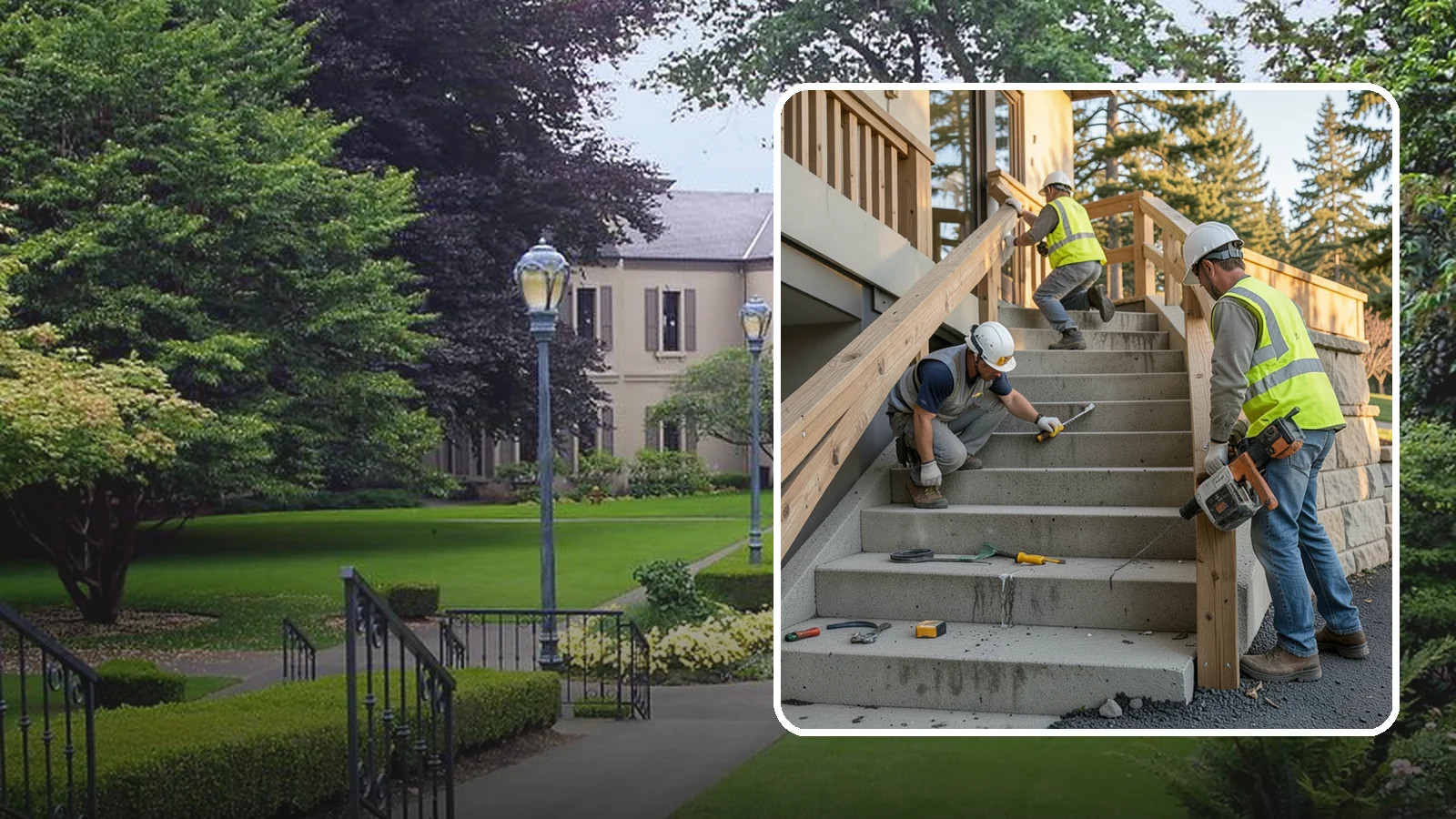 Stair Repairs in Woodinville, King County, WA - We repair public concrete, timber, and stone stairs to restore safe, uniform, code-compliant treads.