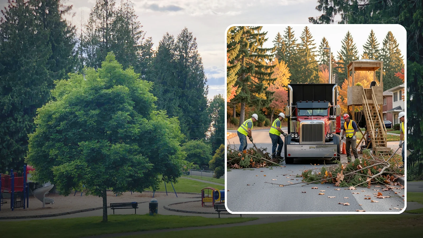 Storm Debris Collection in Bonney Lake, Pierce County, WA - Post-storm collection of downed limbs, branches, and wind-blown debris from public areas.