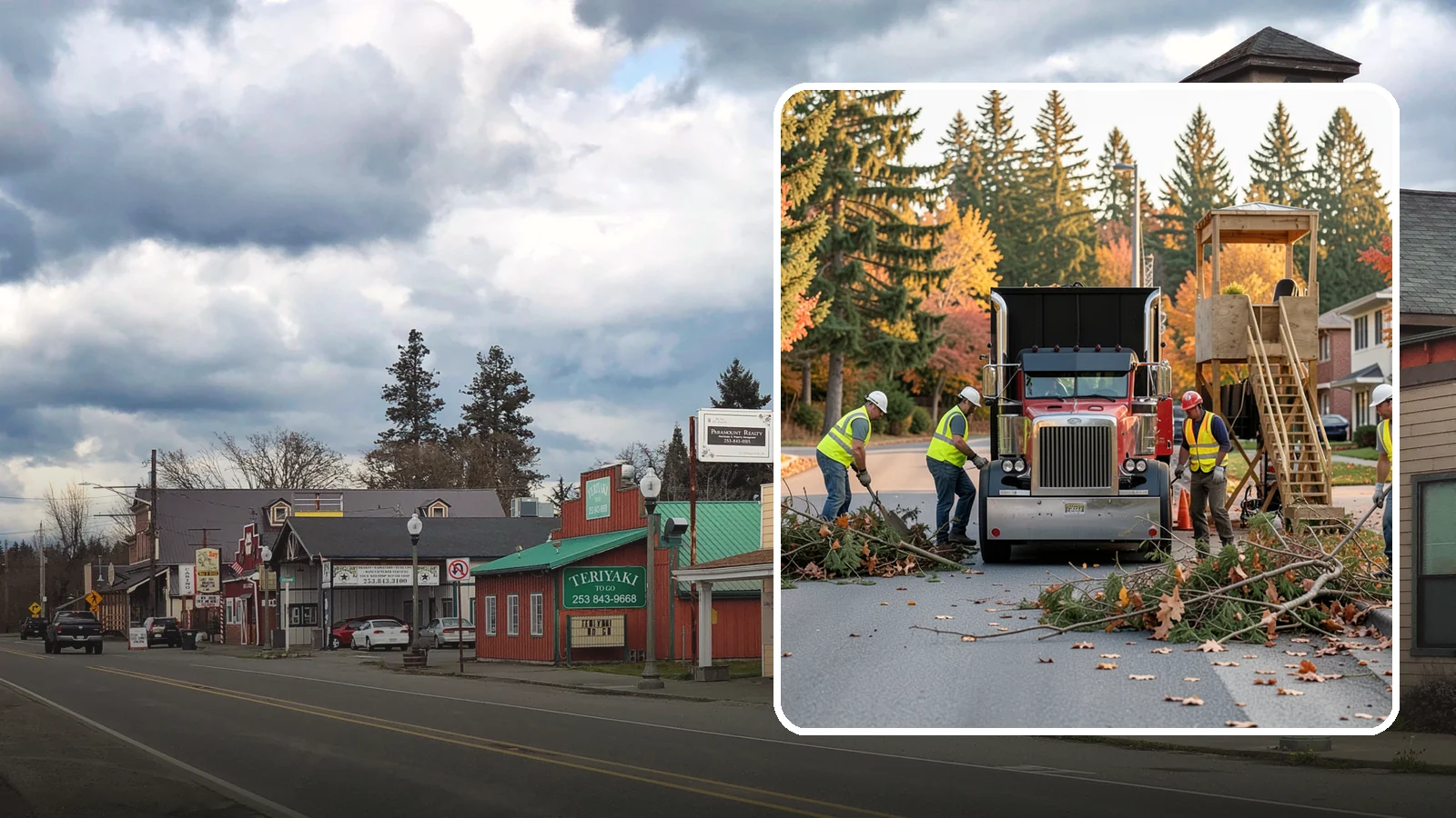 Storm Debris Collection in Roy, Pierce County, WA - Post-storm collection of downed limbs, branches, and wind-blown debris from public areas.