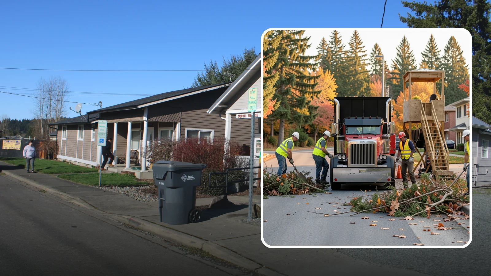 Storm Debris Collection in South Prairie, Pierce County, WA - Post-storm collection of downed limbs, branches, and wind-blown debris from public areas.