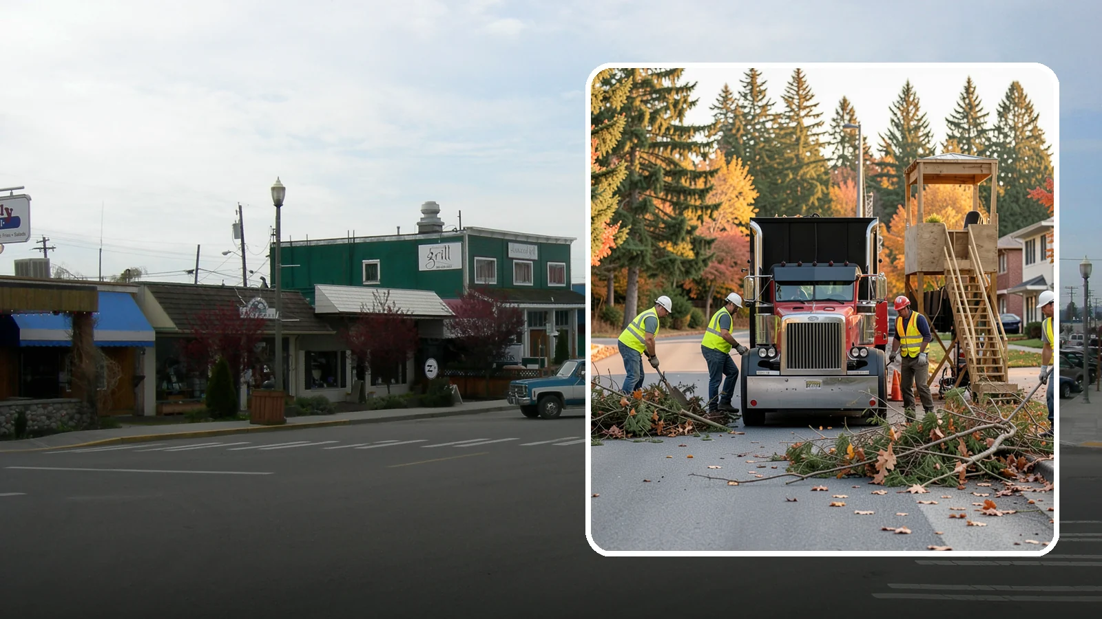 Storm Debris Collection in Stanwood, Snohomish County, WA - Post-storm collection of downed limbs, branches, and wind-blown debris from public areas.