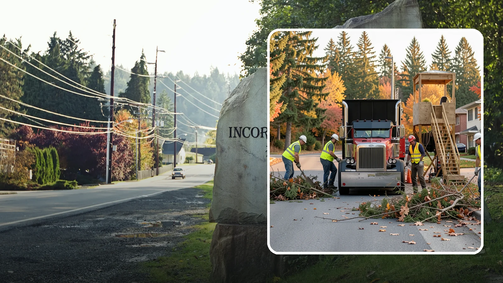 Storm Debris Collection in Wilkeson, Pierce County, WA - Post-storm collection of downed limbs, branches, and wind-blown debris from public areas.