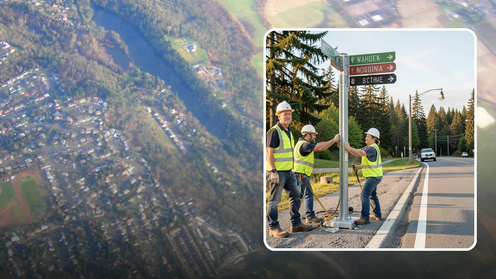 Street Name Sign Installation in Algona, King County, WA - Fabrication and installation of MUTCD-compliant street name signs meeting current retroreflectivity standards.