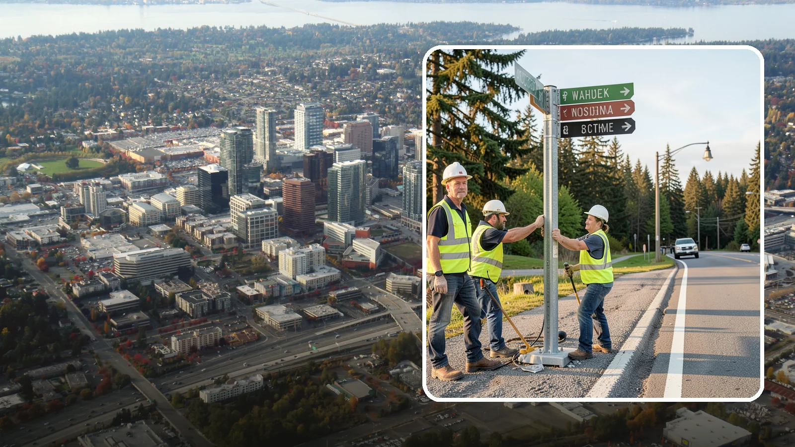 Street Name Sign Installation in Bellevue, King County, WA - Fabrication and installation of MUTCD-compliant street name signs meeting current retroreflectivity standards.
