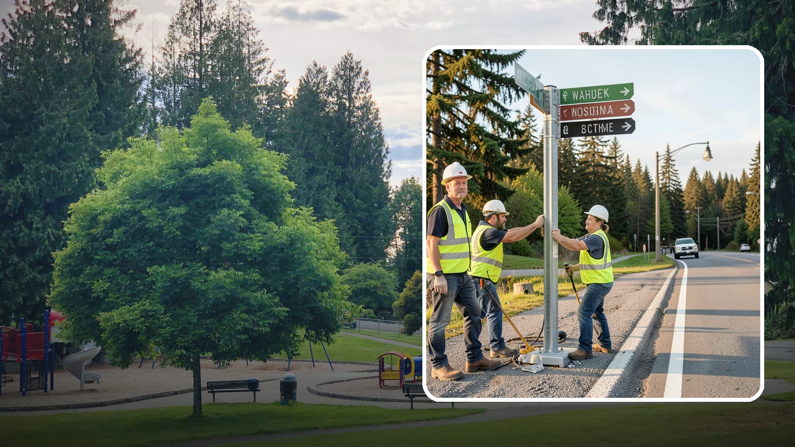 Street Name Sign Installation in Bonney Lake, Pierce County, WA - Fabrication and installation of MUTCD-compliant street name signs meeting current retroreflectivity standards.