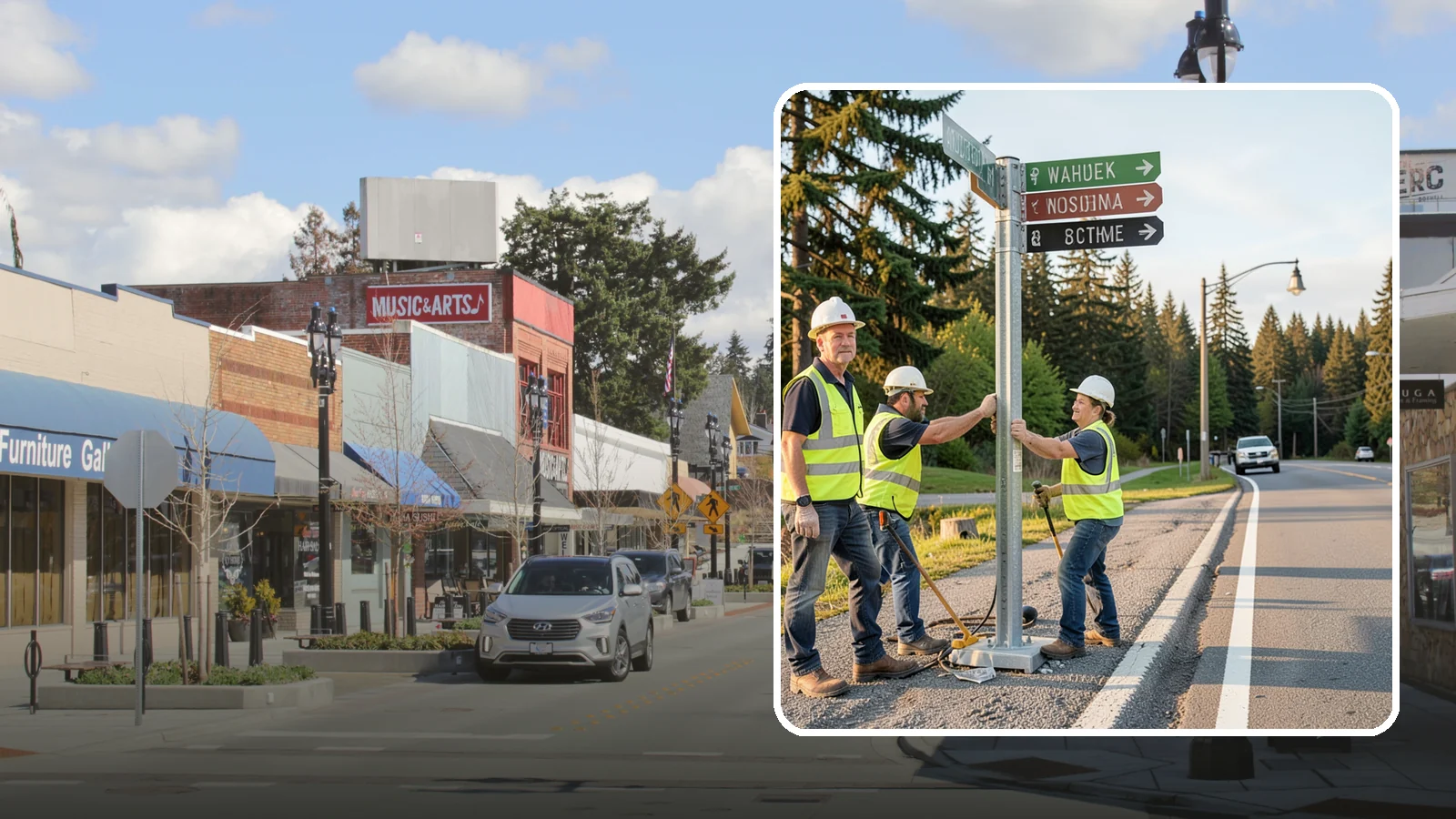 Street Name Sign Installation in Bothell, King County, WA - Fabrication and installation of MUTCD-compliant street name signs meeting current retroreflectivity standards.