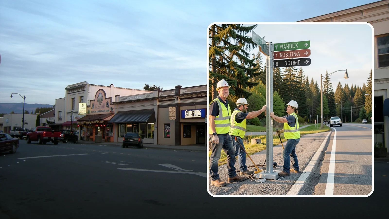 Street Name Sign Installation in Burlington, Skagit County, WA - Fabrication and installation of MUTCD-compliant street name signs meeting current retroreflectivity standards.