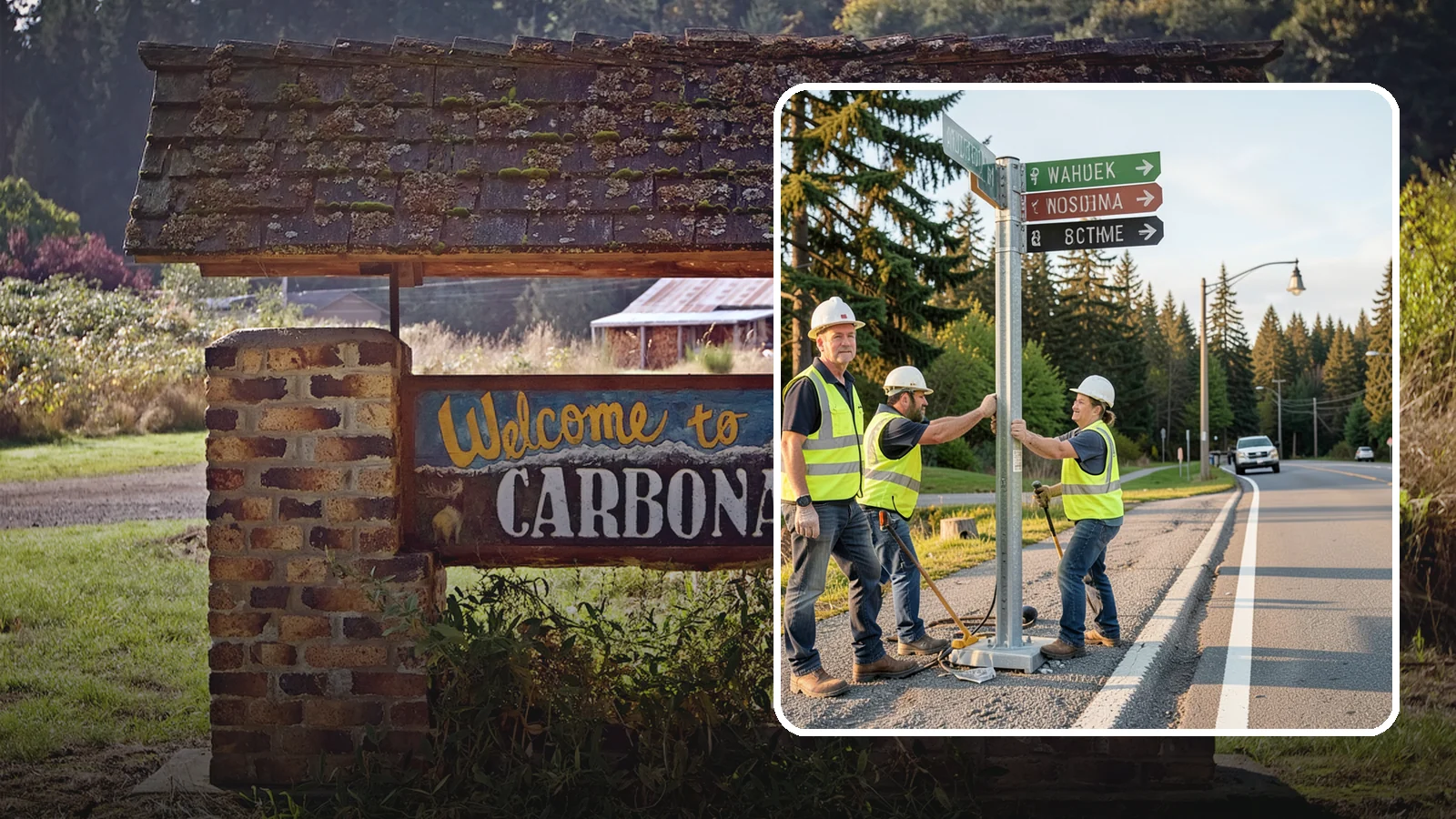 Street Name Sign Installation in Carbonado, Pierce County, WA - Fabrication and installation of MUTCD-compliant street name signs meeting current retroreflectivity standards.