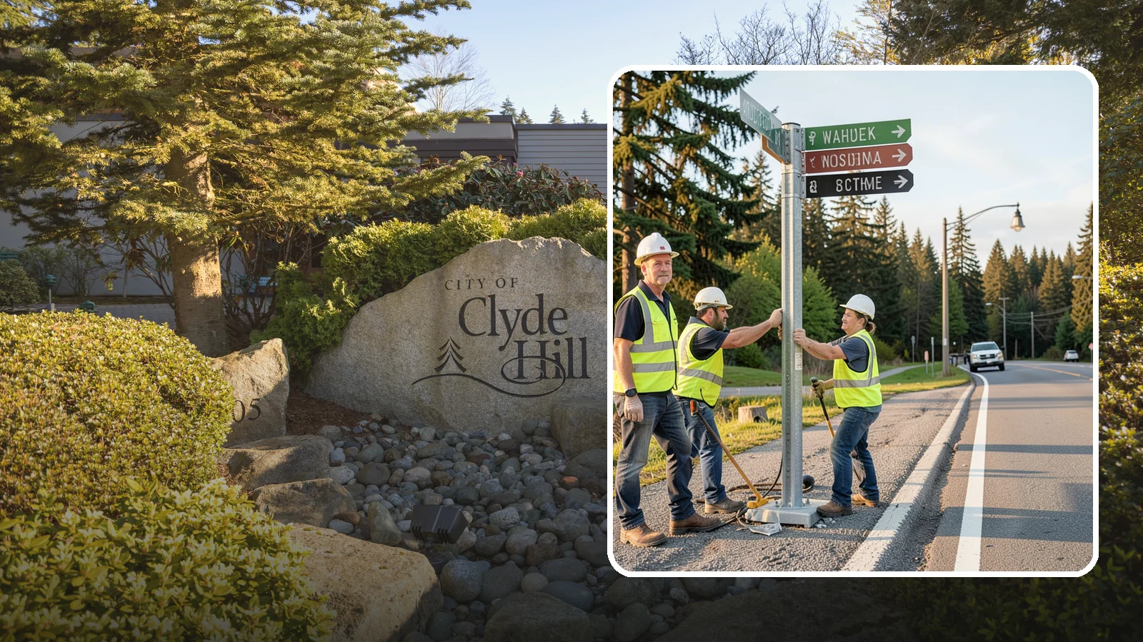 Street Name Sign Installation in Clyde Hill, King County, WA - Fabrication and installation of MUTCD-compliant street name signs meeting current retroreflectivity standards.