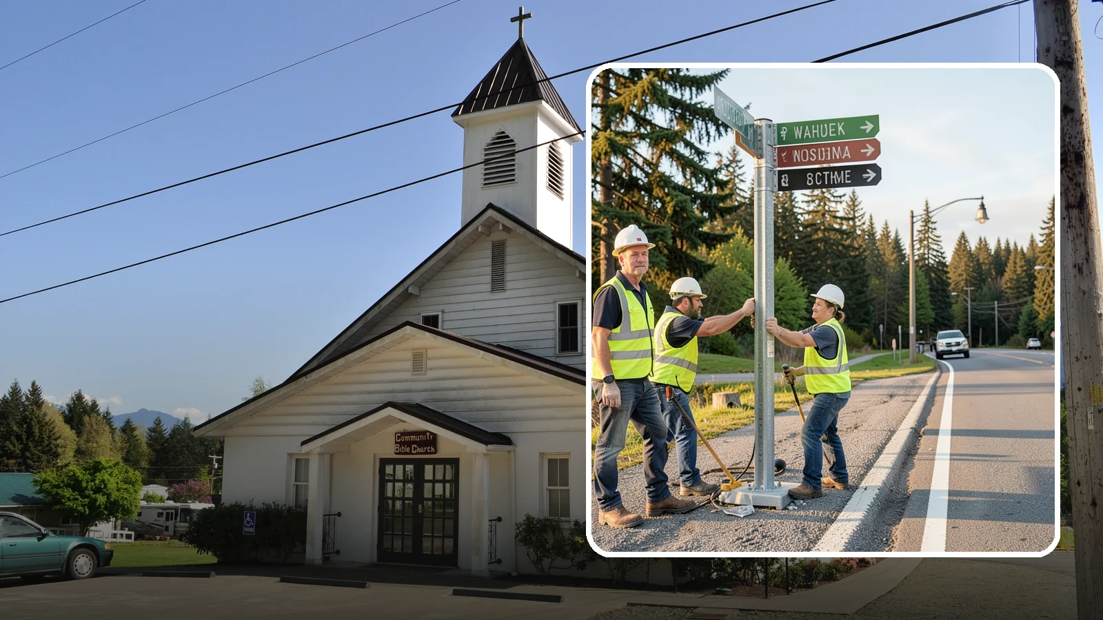 Street Name Sign Installation in Concrete, Skagit County, WA - Fabrication and installation of MUTCD-compliant street name signs meeting current retroreflectivity standards.