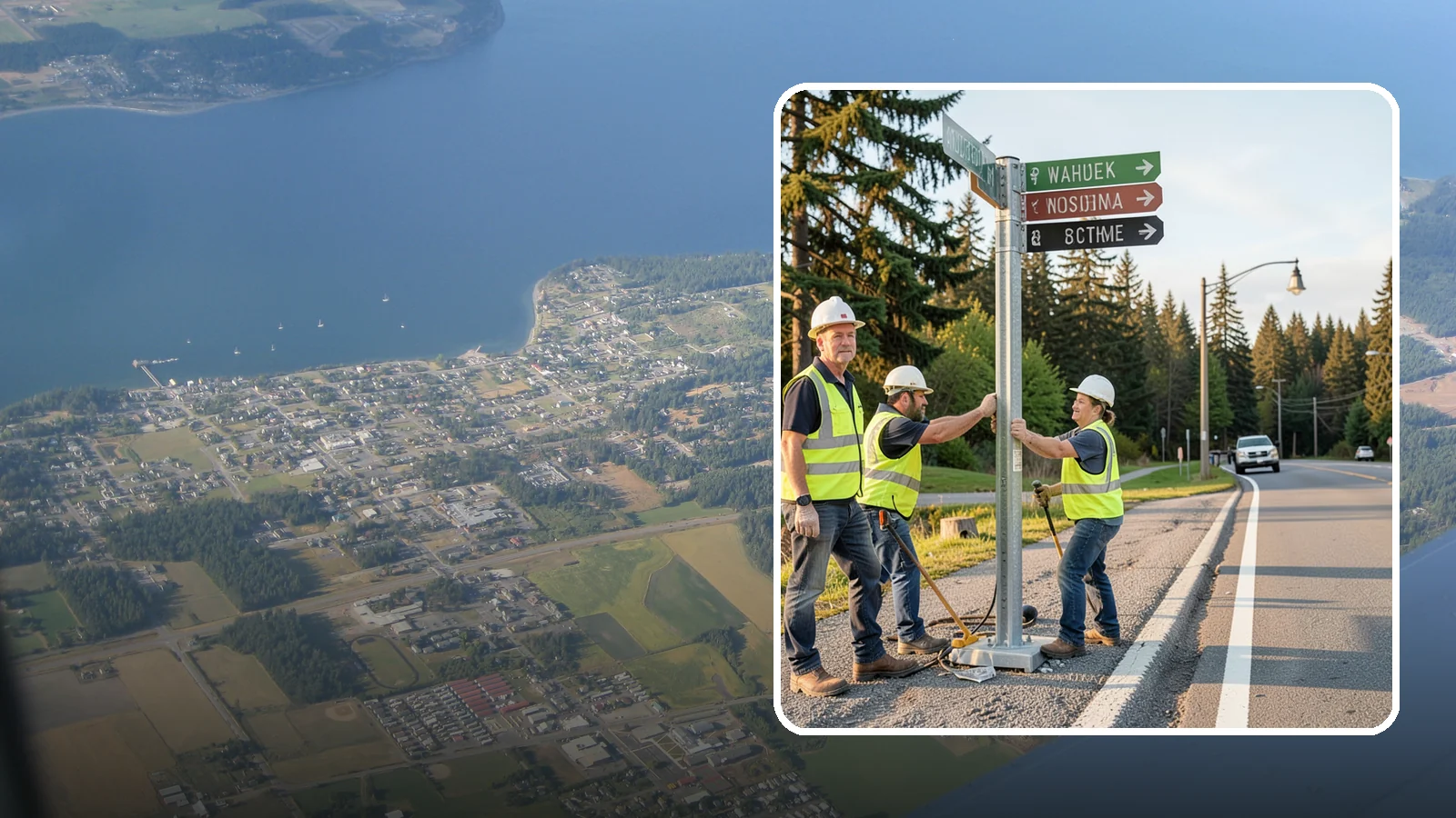 Street Name Sign Installation in Coupeville, Island County, WA - Fabrication and installation of MUTCD-compliant street name signs meeting current retroreflectivity standards.