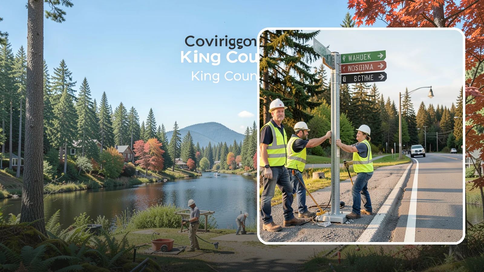 Street Name Sign Installation in Covington, King County, WA - Fabrication and installation of MUTCD-compliant street name signs meeting current retroreflectivity standards.