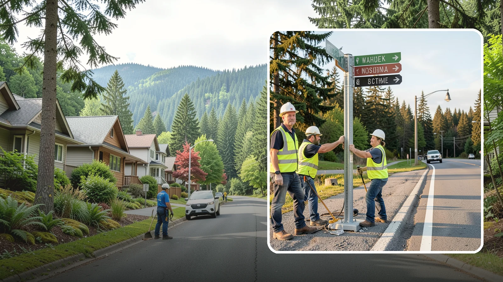 Street Name Sign Installation in Darrington, Snohomish County, WA - Fabrication and installation of MUTCD-compliant street name signs meeting current retroreflectivity standards.