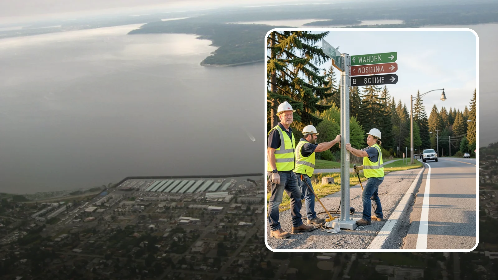Street Name Sign Installation in Des Moines, King County, WA - Fabrication and installation of MUTCD-compliant street name signs meeting current retroreflectivity standards.