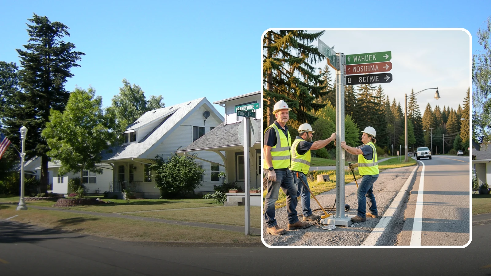 Street Name Sign Installation in DuPont, Pierce County, WA - Fabrication and installation of MUTCD-compliant street name signs meeting current retroreflectivity standards.