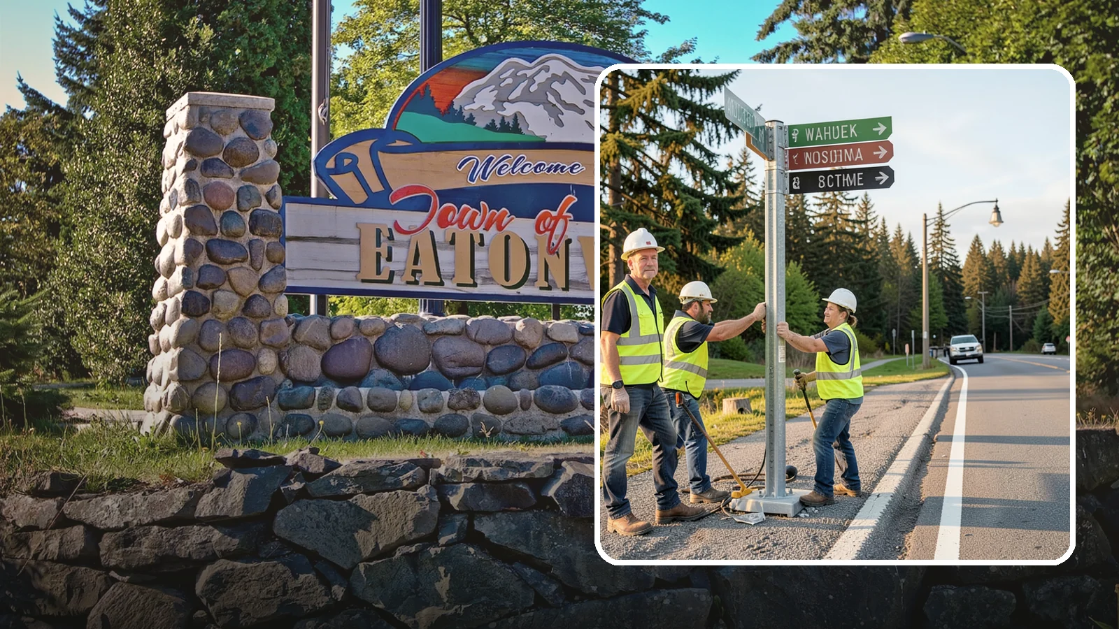 Street Name Sign Installation in Eatonville, Pierce County, WA - Fabrication and installation of MUTCD-compliant street name signs meeting current retroreflectivity standards.