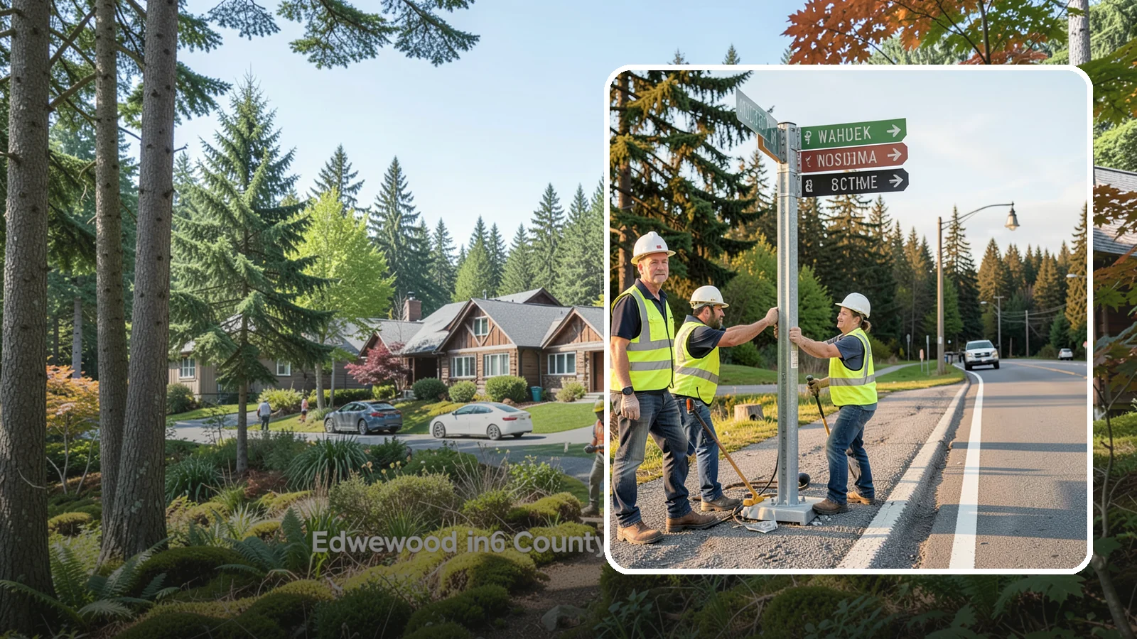 Street Name Sign Installation in Edgewood, Pierce County, WA - Fabrication and installation of MUTCD-compliant street name signs meeting current retroreflectivity standards.