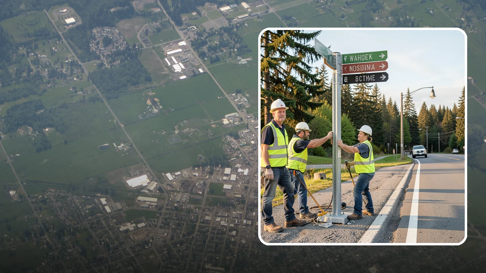 Street Name Sign Installation in Enumclaw, King County, WA - Fabrication and installation of MUTCD-compliant street name signs meeting current retroreflectivity standards.