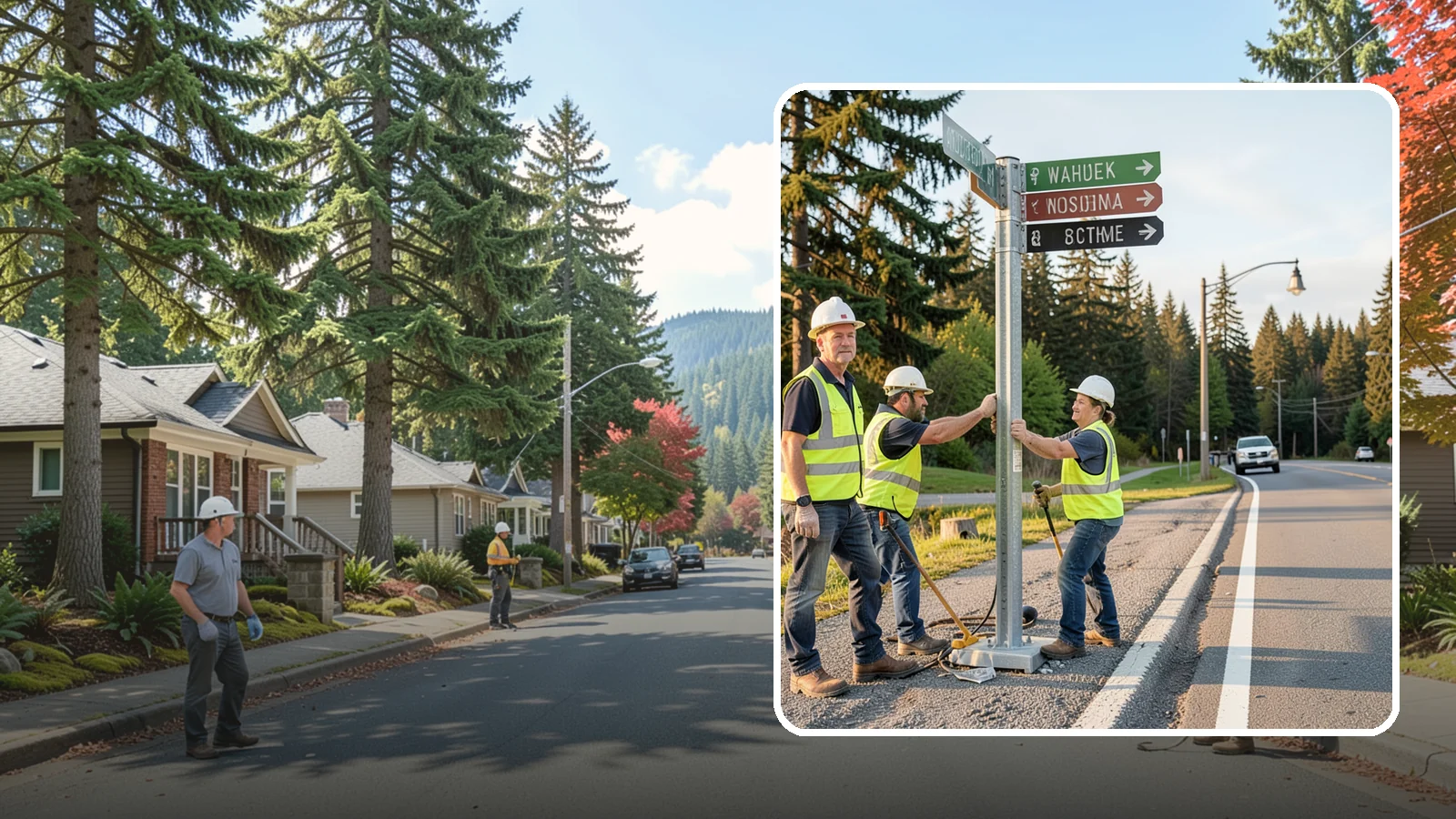 Street Name Sign Installation in Hunts Point, King County, WA - Fabrication and installation of MUTCD-compliant street name signs meeting current retroreflectivity standards.