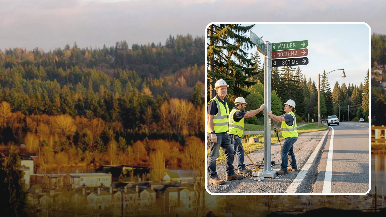 Street Name Sign Installation in Kenmore, King County, WA - Fabrication and installation of MUTCD-compliant street name signs meeting current retroreflectivity standards.