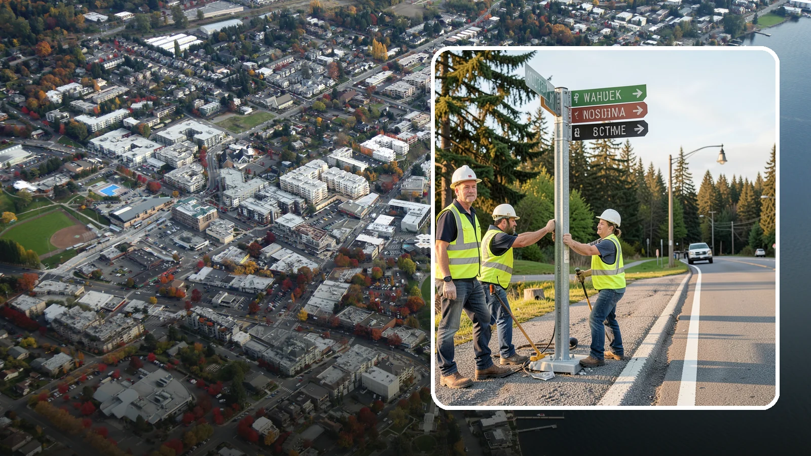 Street Name Sign Installation in Kirkland, King County, WA - Fabrication and installation of MUTCD-compliant street name signs meeting current retroreflectivity standards.