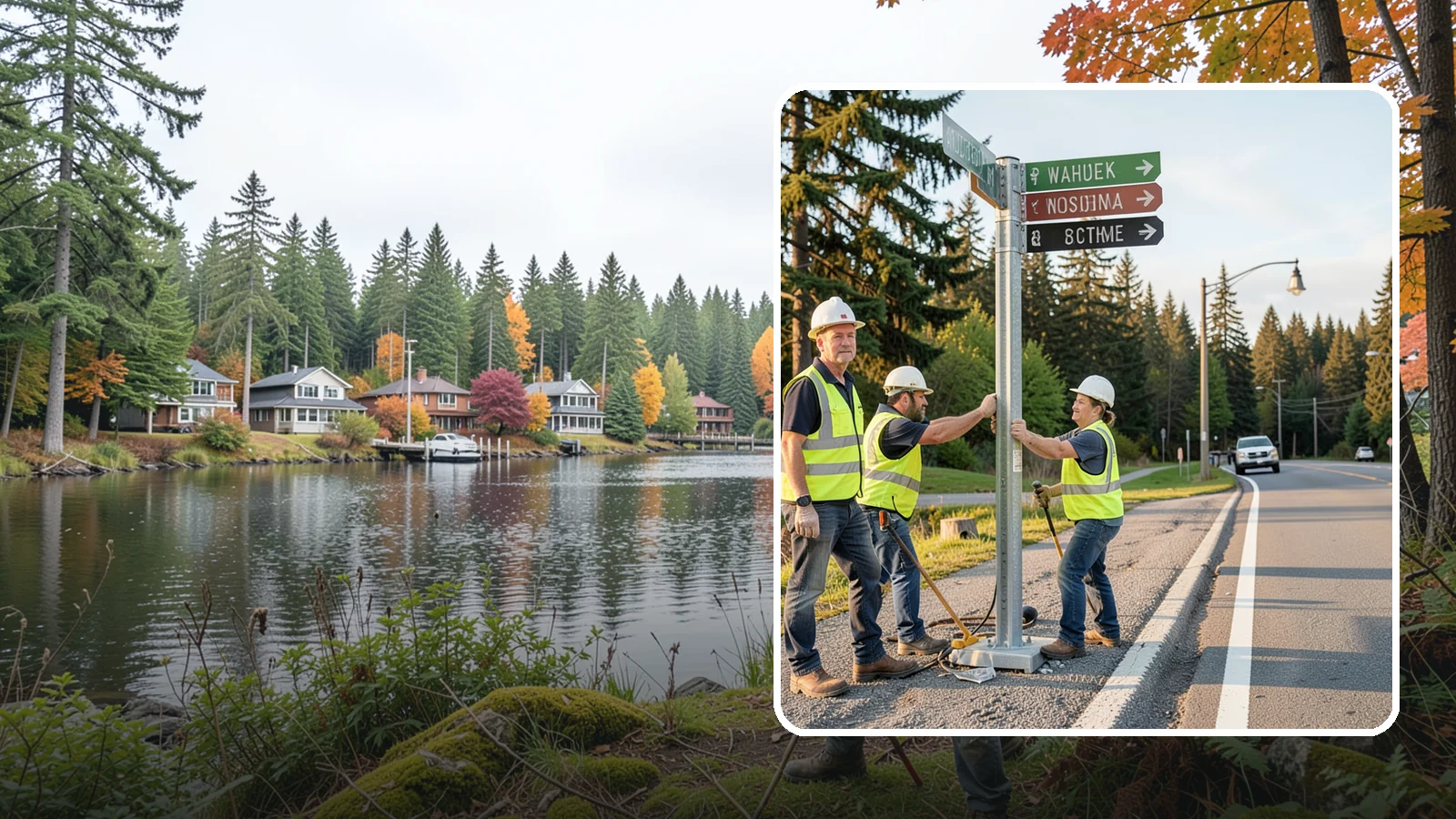 Street Name Sign Installation in La Conner, Skagit County, WA - Fabrication and installation of MUTCD-compliant street name signs meeting current retroreflectivity standards.