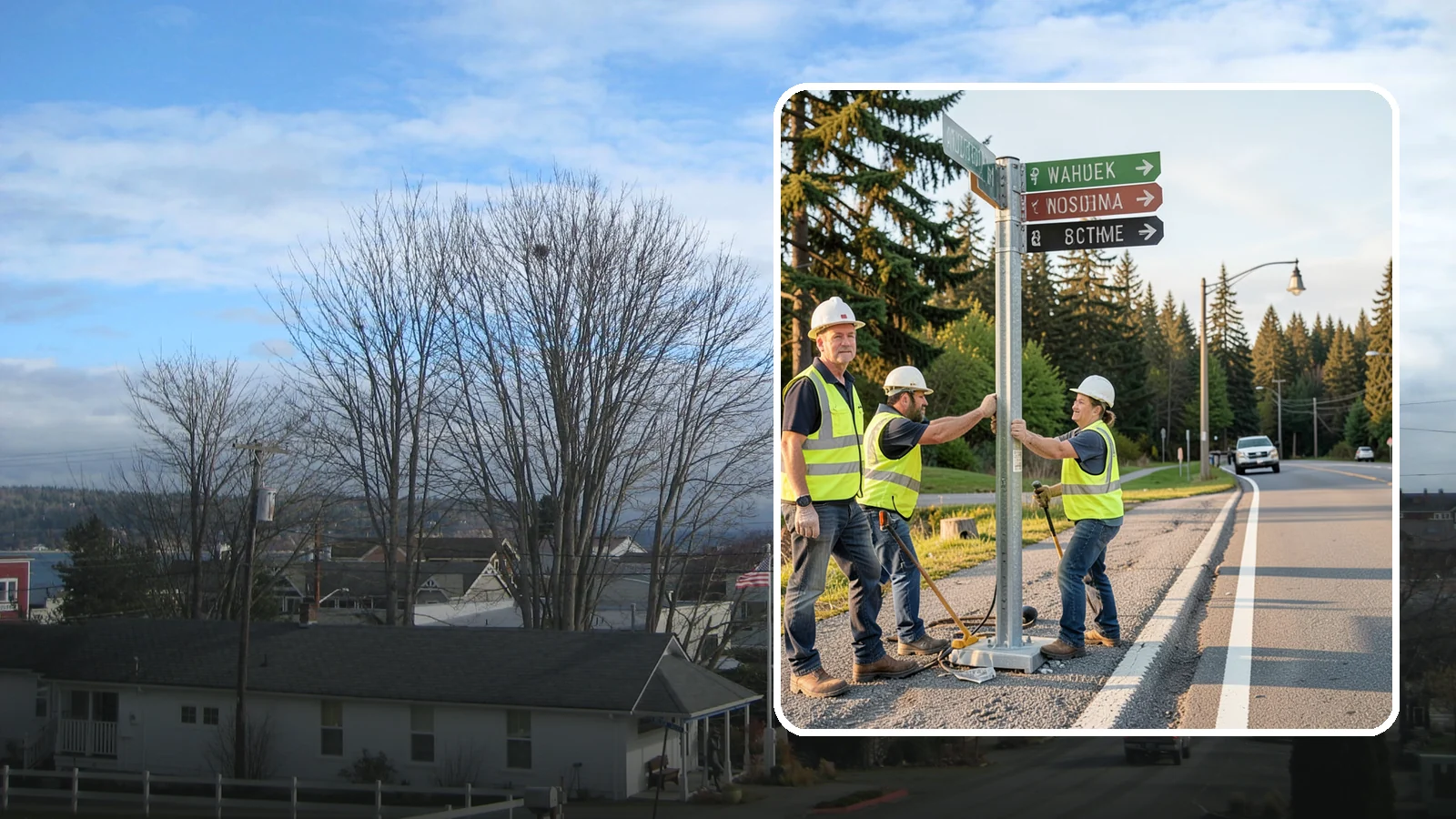 Street Name Sign Installation in Langley, Island County, WA - Fabrication and installation of MUTCD-compliant street name signs meeting current retroreflectivity standards.