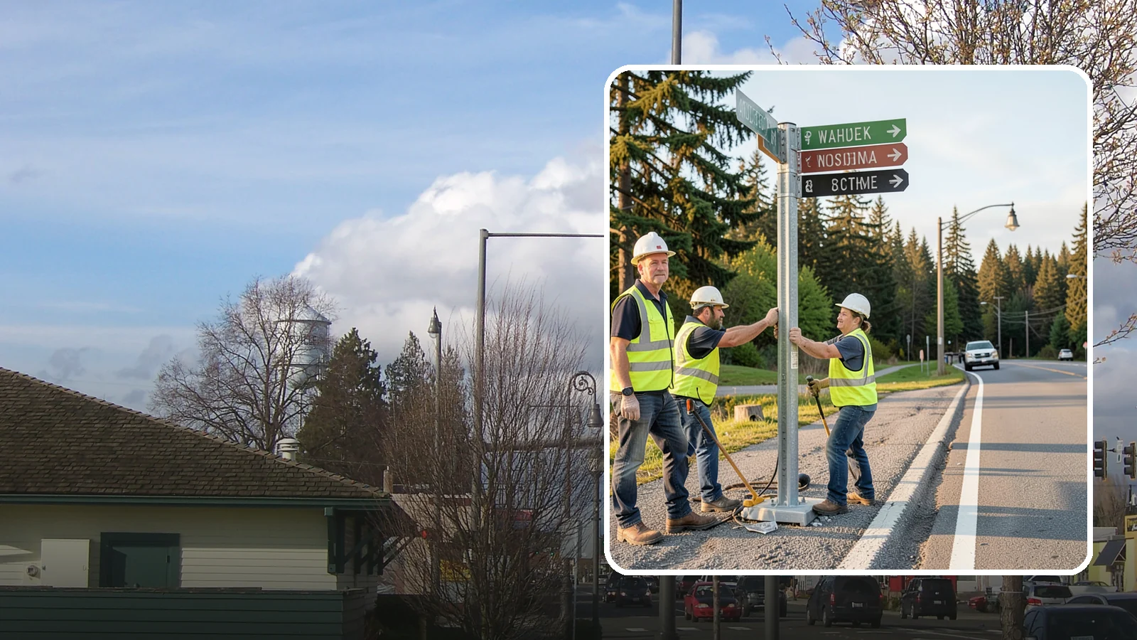 Street Name Sign Installation in Marysville, Snohomish County, WA - Fabrication and installation of MUTCD-compliant street name signs meeting current retroreflectivity standards.