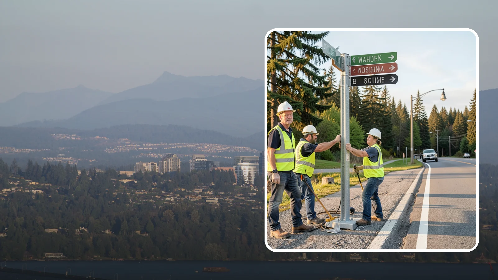 Street Name Sign Installation in Medina, King County, WA - Fabrication and installation of MUTCD-compliant street name signs meeting current retroreflectivity standards.
