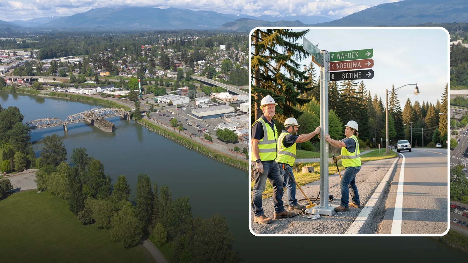 Street Name Sign Installation in Mount Vernon, Skagit County, WA - Fabrication and installation of MUTCD-compliant street name signs meeting current retroreflectivity standards.