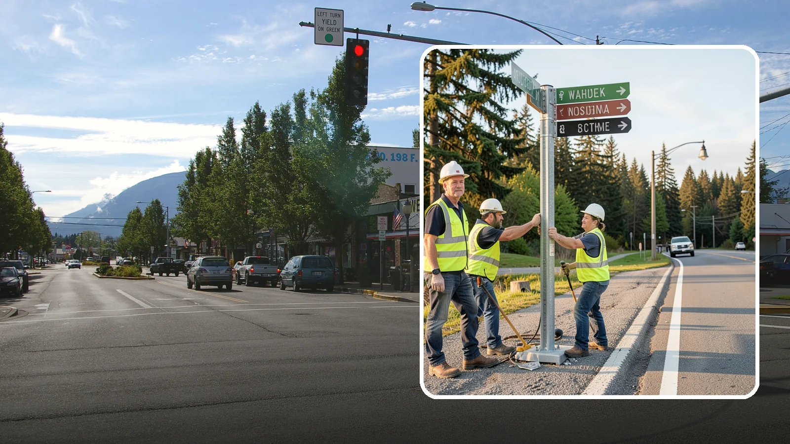 Street Name Sign Installation in North Bend, King County, WA - Fabrication and installation of MUTCD-compliant street name signs meeting current retroreflectivity standards.