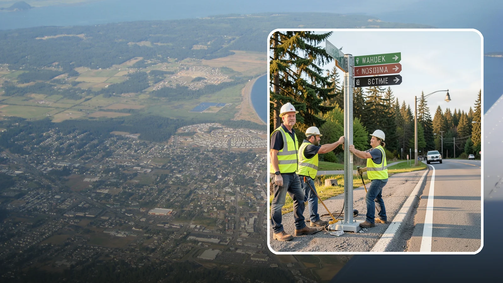 Street Name Sign Installation in Oak Harbor, Island County, WA - Fabrication and installation of MUTCD-compliant street name signs meeting current retroreflectivity standards.