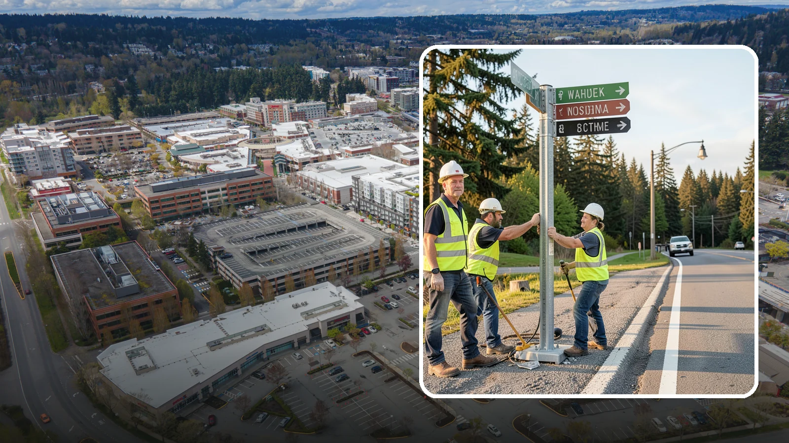 Street Name Sign Installation in Redmond, King County, WA - Fabrication and installation of MUTCD-compliant street name signs meeting current retroreflectivity standards.