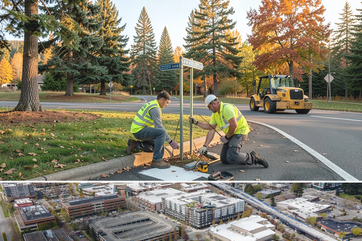 Street Name Sign Installation in Redmond, King County, WA - Sign installation proceeds year-round in Western Washington, though post setting is easier outside prolonged winter saturation.