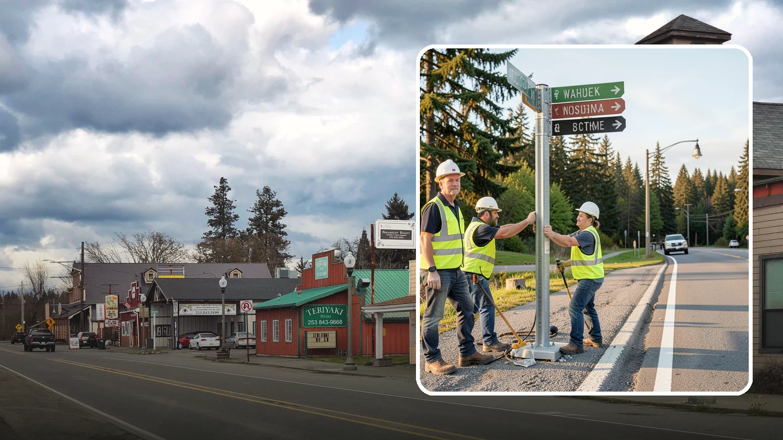Street Name Sign Installation in Roy, Pierce County, WA - Fabrication and installation of MUTCD-compliant street name signs meeting current retroreflectivity standards.