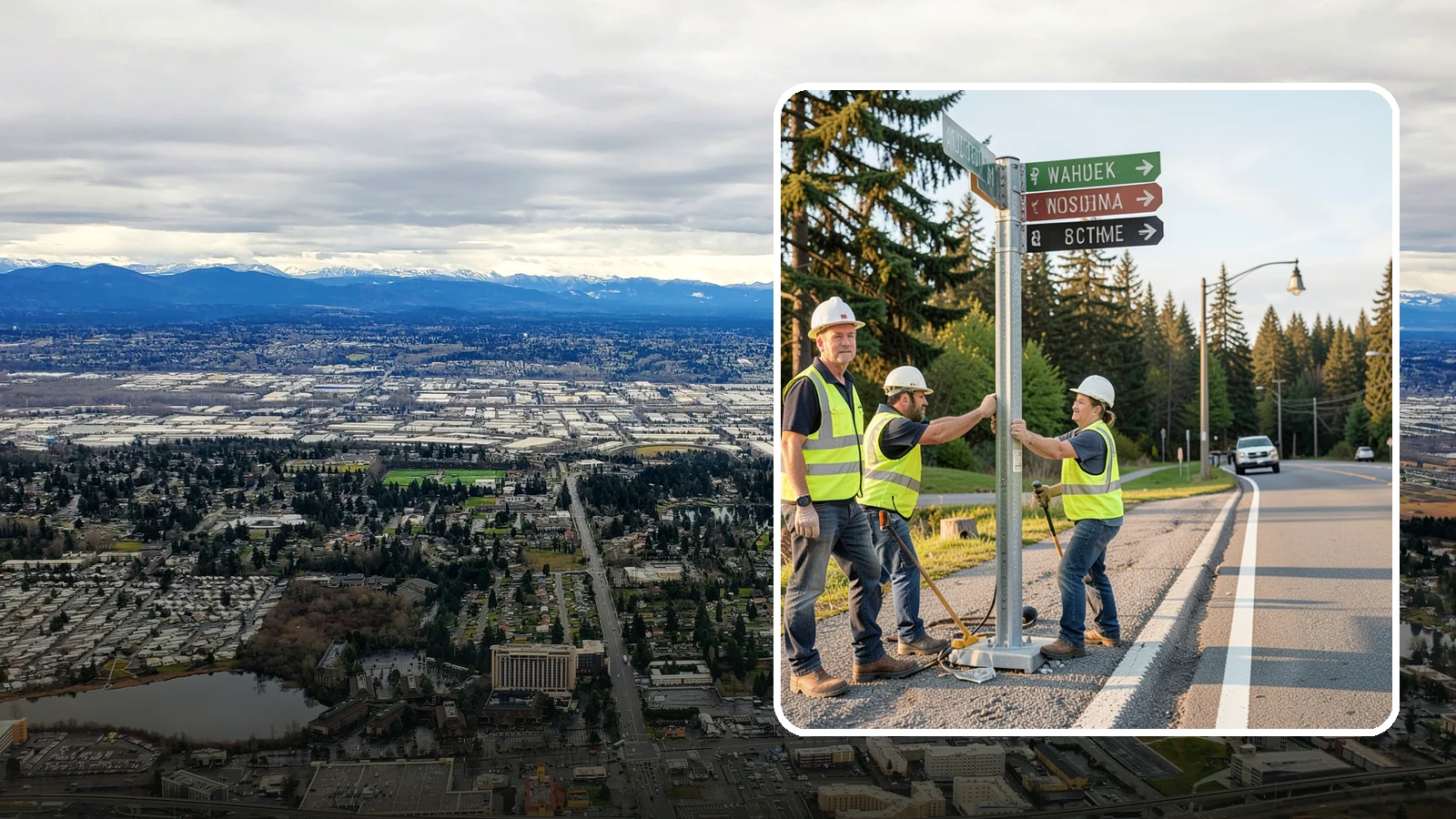 Street Name Sign Installation in SeaTac, King County, WA - Fabrication and installation of MUTCD-compliant street name signs meeting current retroreflectivity standards.