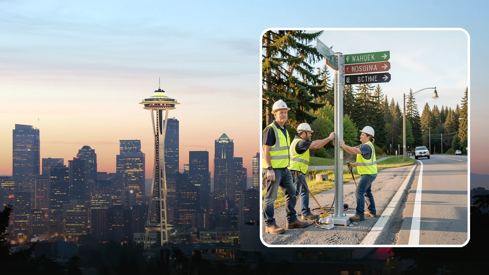 Street Name Sign Installation in Seattle, King County, WA - Fabrication and installation of MUTCD-compliant street name signs meeting current retroreflectivity standards.