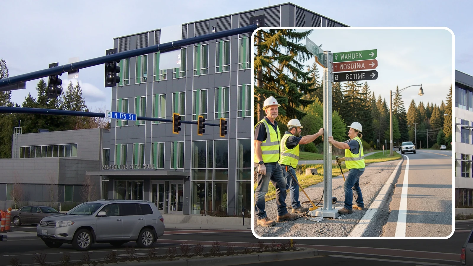 Street Name Sign Installation in Shoreline, King County, WA - Fabrication and installation of MUTCD-compliant street name signs meeting current retroreflectivity standards.