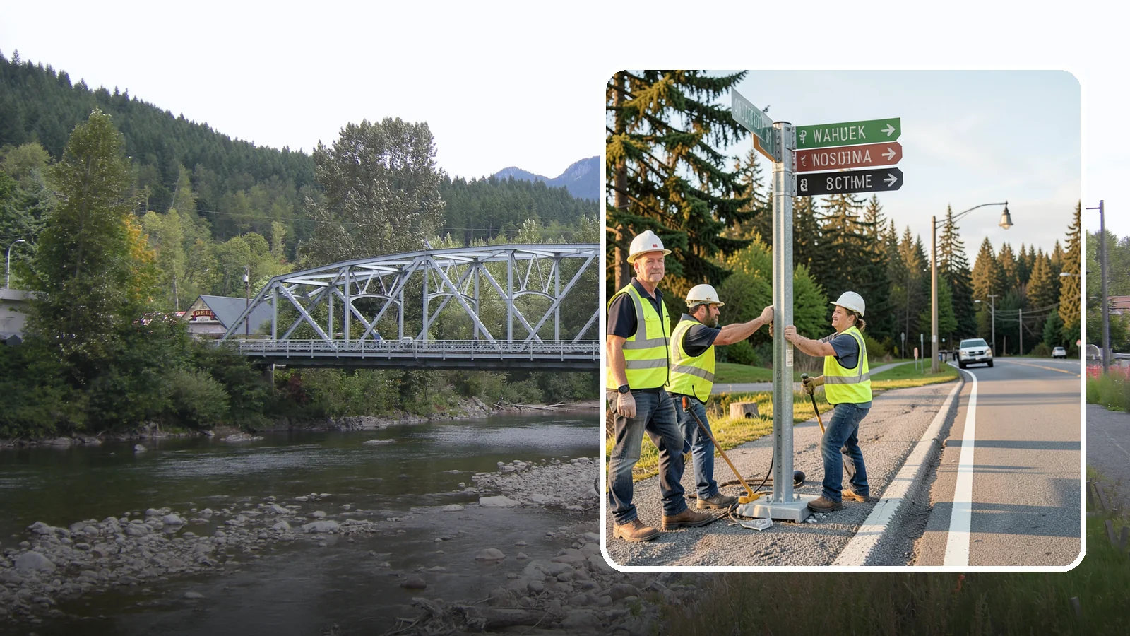 Street Name Sign Installation in Skykomish, King County, WA - Fabrication and installation of MUTCD-compliant street name signs meeting current retroreflectivity standards.