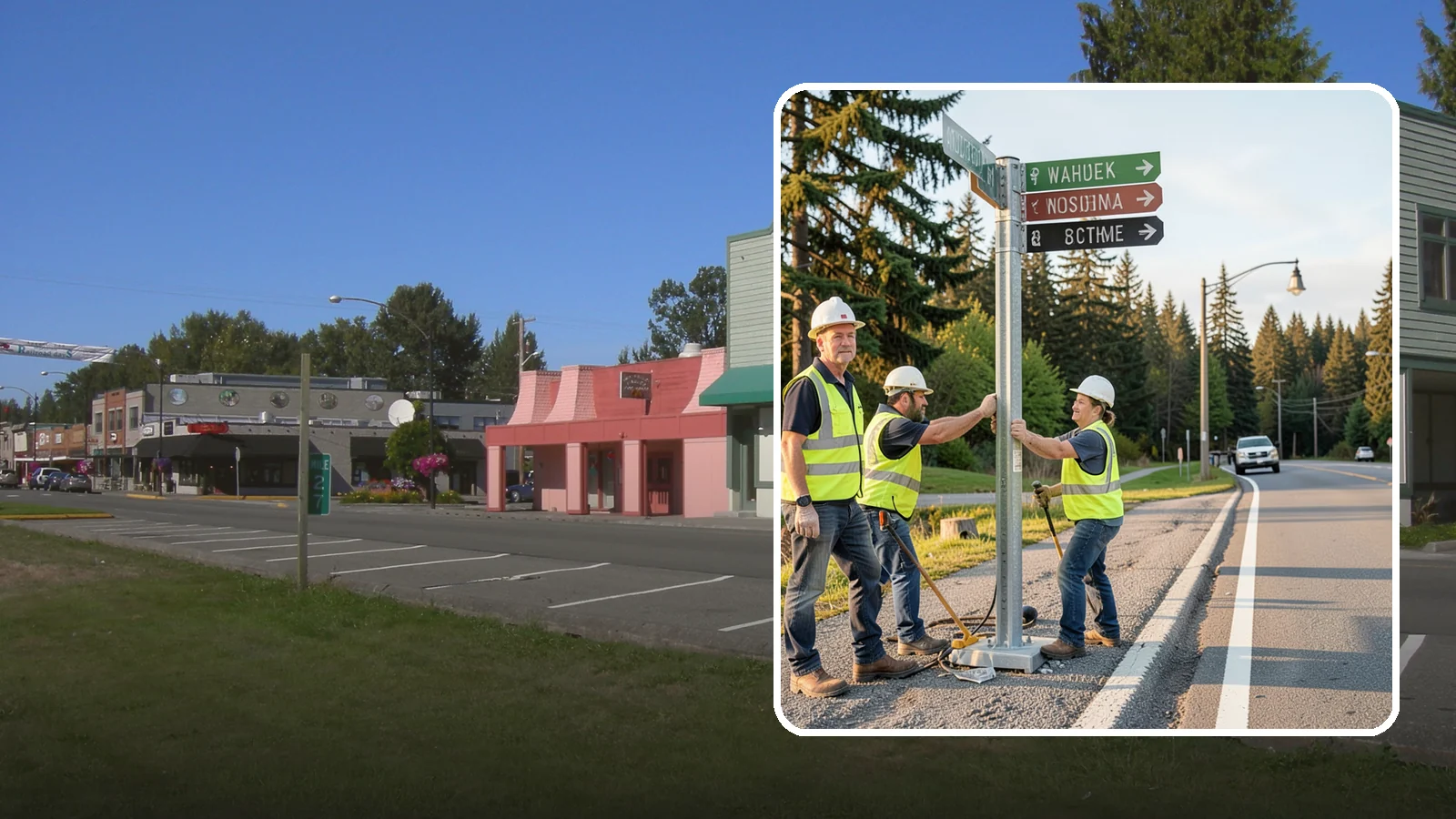 Street Name Sign Installation in Snoqualmie, King County, WA - Fabrication and installation of MUTCD-compliant street name signs meeting current retroreflectivity standards.