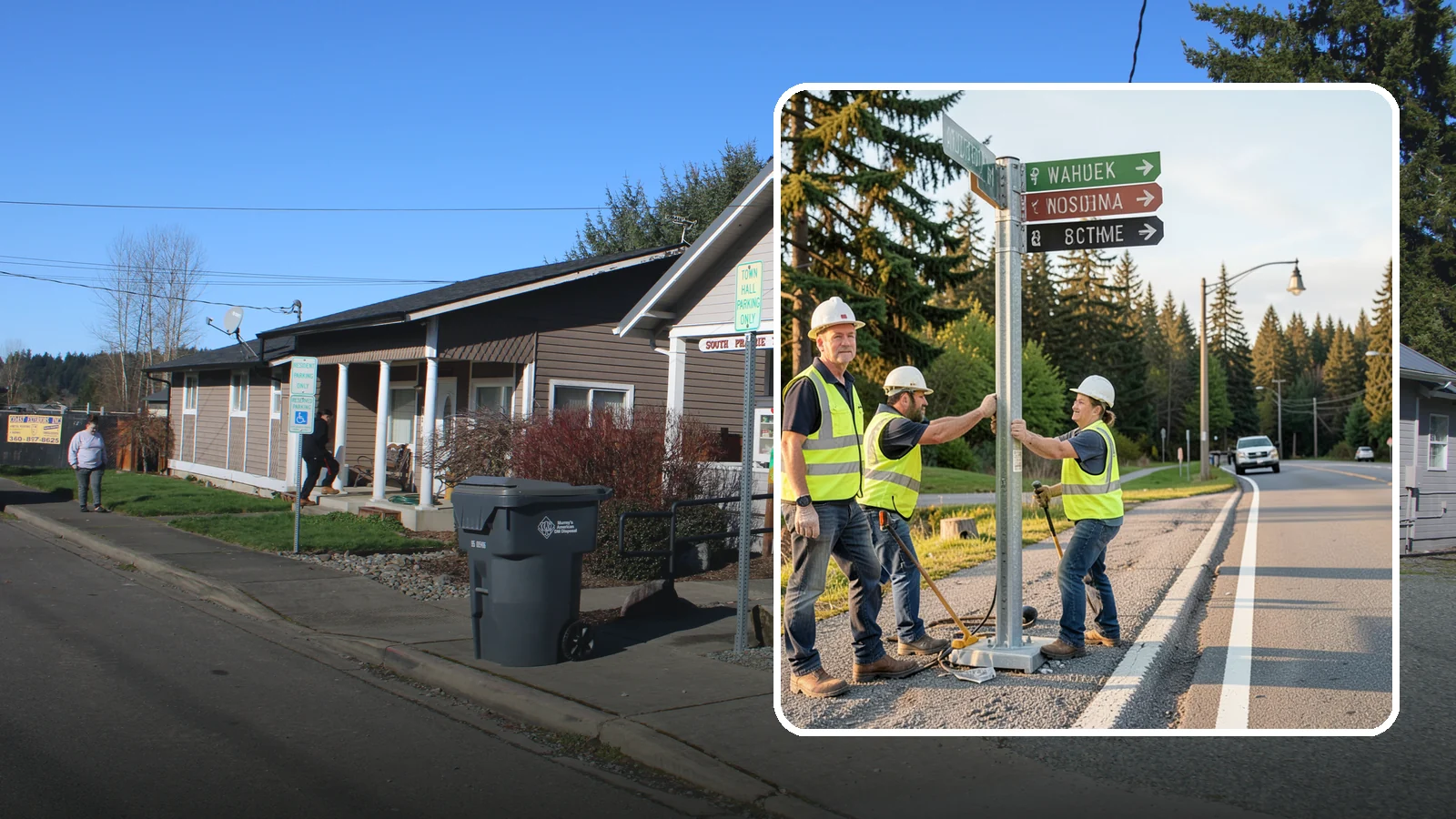 Street Name Sign Installation in South Prairie, Pierce County, WA - Fabrication and installation of MUTCD-compliant street name signs meeting current retroreflectivity standards.